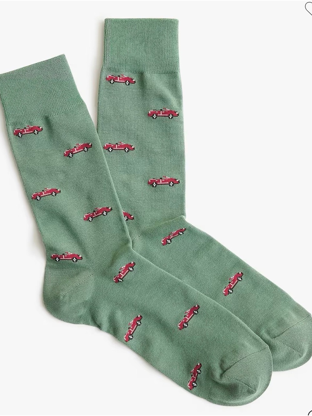 J. Crew Green Crew Socks with Red Car Motif
